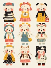 Fototapeta premium Pastel Flat Style Cartoon Animal Doll Stickers: Simple and Cute Designs