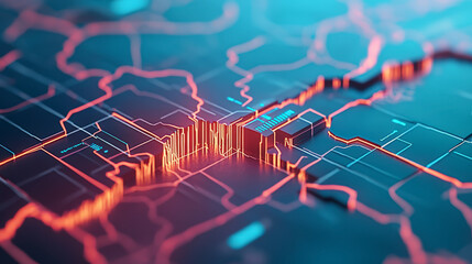 A futuristic digital landscape with glowing lines and geometric shapes represents data flow and technology, highlighting modern advancements in computer graphics and information systems.
