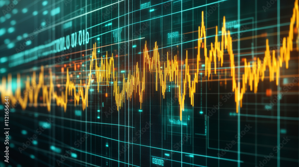 Poster a digital graph displaying fluctuating orange lines, representing data analysis or financial market 