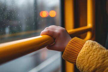 A child's hand grips a yellow handrail on a rainy day bus ride, looking out the window.