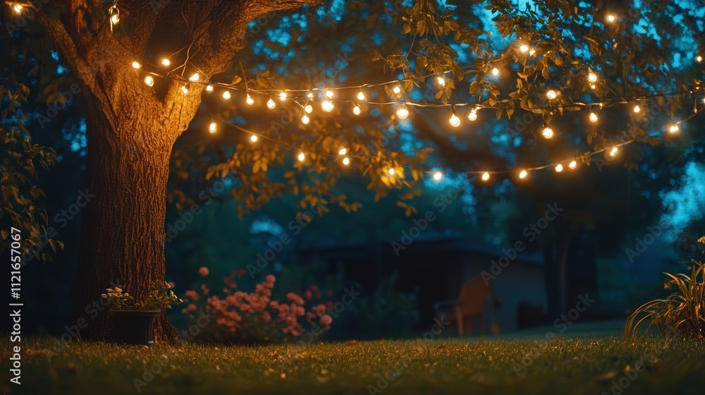Poster string lights draped under a tree, casting soft glows on the ground, creating a charming