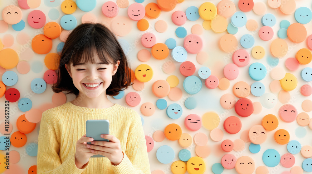 Poster a happy child with a smartphone stands in front of a colorful wall decorated with various smiling an