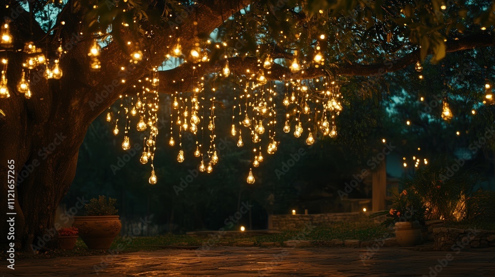 Poster string lights draped under a tree, casting soft glows on the ground, creating a charming