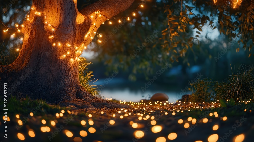 Poster string lights draped under a tree, casting soft glows on the ground, creating a charming