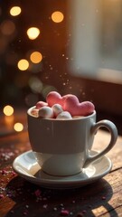 Fototapeta premium hot chocolate cup with heart-shaped marshmallows, set against a cozy background, love, relationship, lovers, valentine's day, postcard, date idea, romance