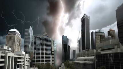 A dramatic urban scene featuring a tornado amidst skyscrapers and stormy skies.