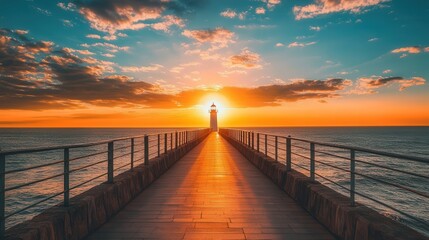 Obraz premium a bridge stretching to a lighthouse, framed by the golden light of a setting sun and calm ocean waves, creating a serene scene