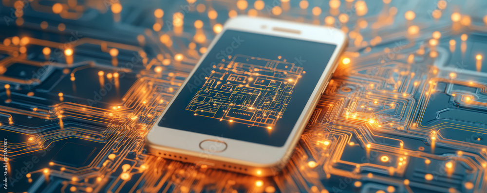 Aufkleber a smartphone on a glowing circuit board, symbolizing connectivity and advanced technology in digital