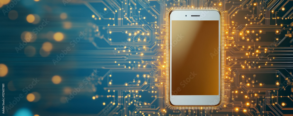 Poster smartphone embedded in a digital circuit board, symbolizing advanced technology integration and conn