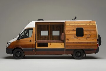 A wooden camper van conversion, showcasing craftsmanship and adventure.