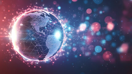 Illuminated digital globe with connecting lines.