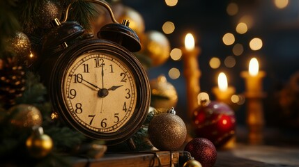 A vintage alarm clock is set against a festive backdrop, surrounded by Christmas ornaments and...