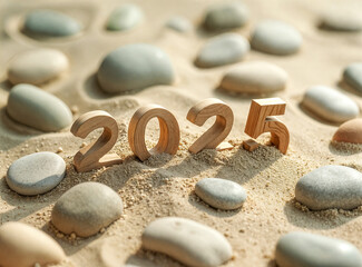 wooden 2025 numbers on sandy beach with stones