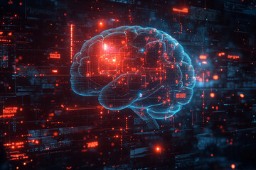 Obraz premium A geometric digital brain surrounded by orbiting charts and glowing neural networks.