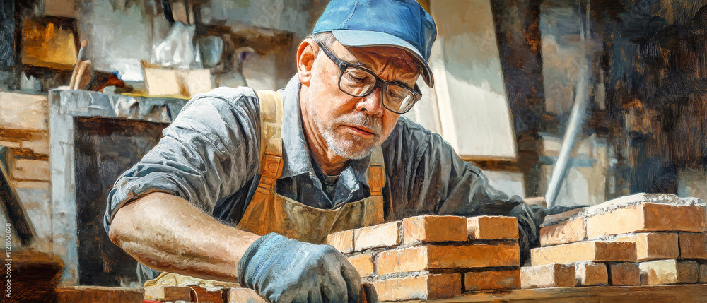 Poster master mason constructs a brick partition with precision and dedication in a bustling construction s
