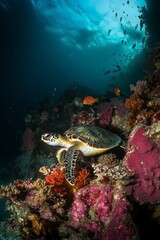 Fototapeta premium Stunning Underwater Scene with Green Sea Turtle Swimming Among Vibrant Coral Reefs and Colorful Fish in Crystal Clear Ocean Waters