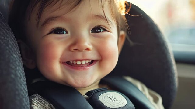 Little child sits in car seat, ready for journey. Secure seatbelt, kid safety in travel. Family outings. Road adventure. Trip with baby, auto drive. Small asian boy or girl smile, portrait.