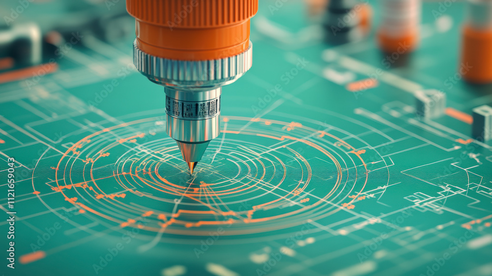 Poster a close-up of a high-tech mechanical apparatus working on a circuit board, highlighting precision en