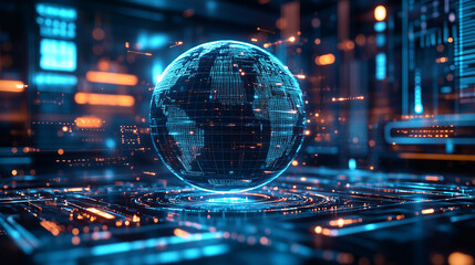 Fototapeta premium A digital globe surrounded by flowing data streams and futuristic charts.