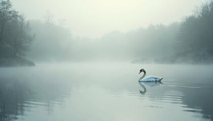 Fototapeta premium Elegant Swan Gliding Through Misty Lake in Serene Atmosphere