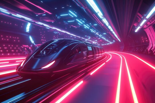 Futuristic high-speed train speeds through a neon-lit tunnel, showcasing advanced technology.