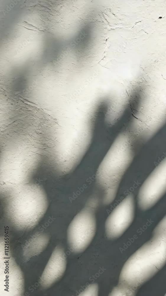 Poster shadows of branches play on a textured wall in the afternoon sun creating calming patterns of light 