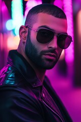 Fototapeta premium Stylish Man in Sunglasses Posing in Neon Lights - Urban Nightlife Fashion Shoot for Mens Style and Lifestyle Photography