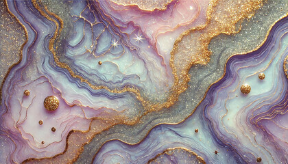 Purple Marble Abstract Background with Gold Glitter Accents