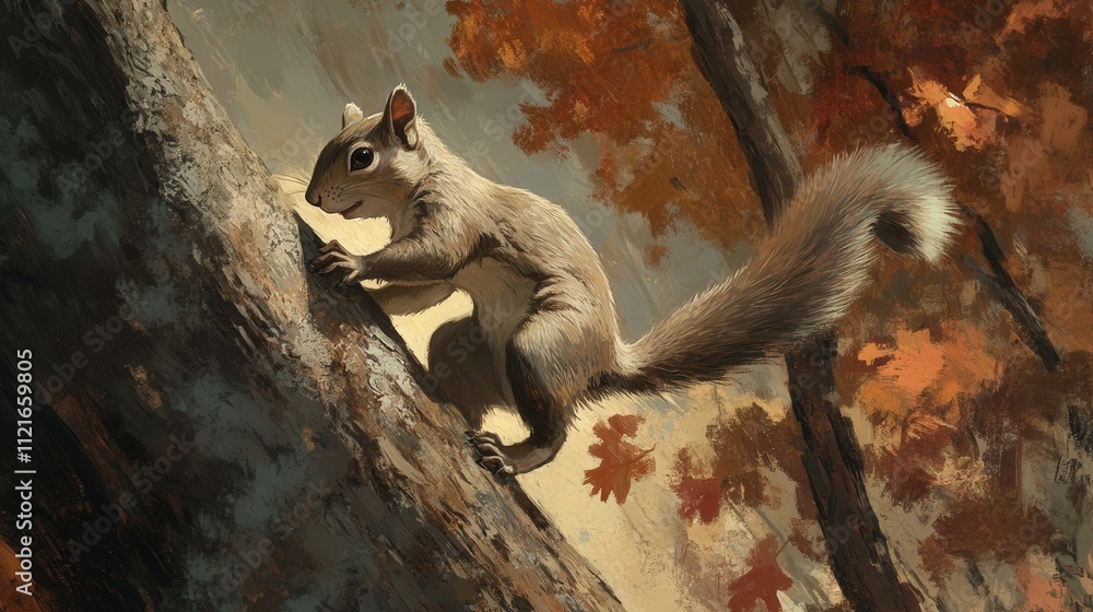 Poster agile and alert, a squirrel scurries up a tree, its sharp claws gripping bark as it reaches for a fr
