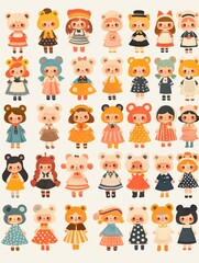 Pastel Flat Style Cartoon Animal Doll Stickers: Simple and Cute Designs