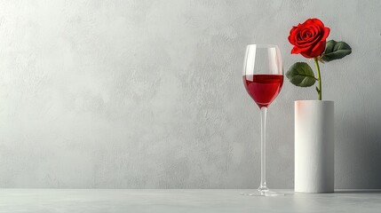 A romantic setting featuring a glass of red wine beside a vibrant red rose in a minimalist white vase against a textured gray background.