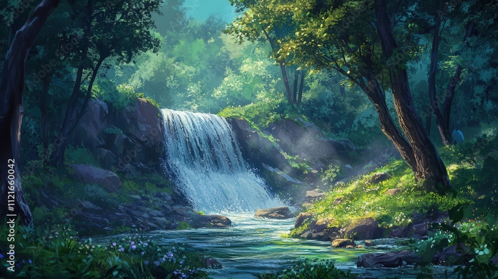 Poster amidst the towering trees of the forest, a small waterfall creates a refreshing stream that cuts thr