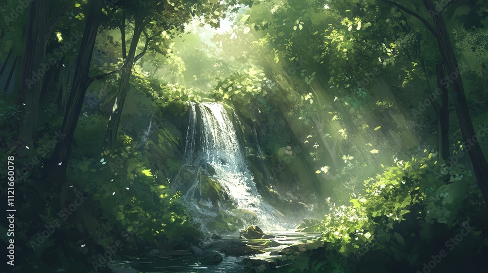 Poster amidst the towering trees of the forest, a small waterfall creates a refreshing stream that cuts thr