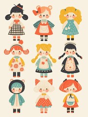 Pastel Flat Style Cartoon Animal Doll Stickers: Simple and Cute Designs