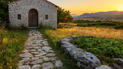 Ancient Roman Croft with Cobblestone Path and Sunlit Garden