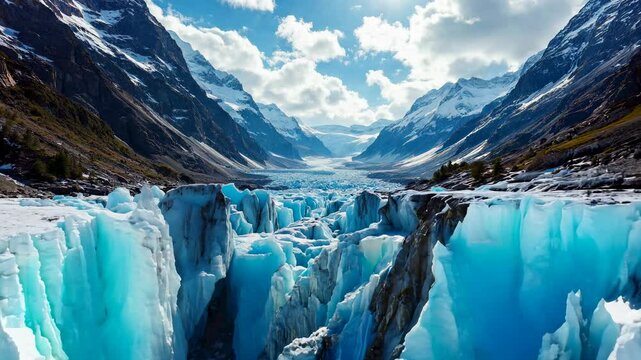 Flying over Majestic Glacier: Turquoise Ice River between Snowy Mountains on a Sunny Day