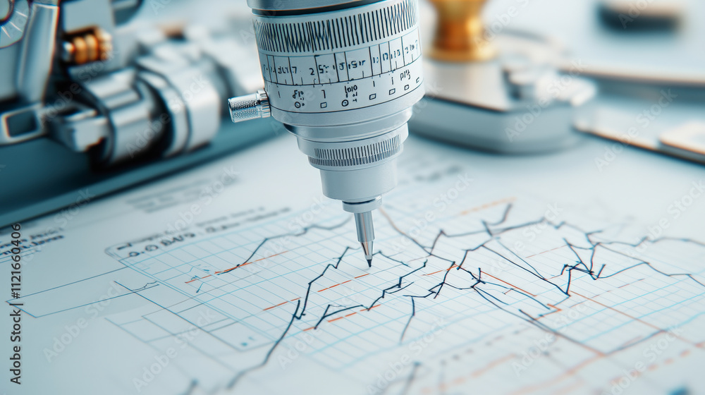 Poster a precise graph plotting device marks a detailed chart, illustrating data analysis or scientific mea
