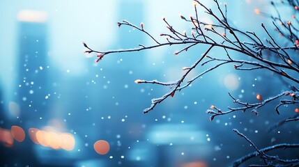 Snowy branches in urban landscape winter atmosphere close-up view