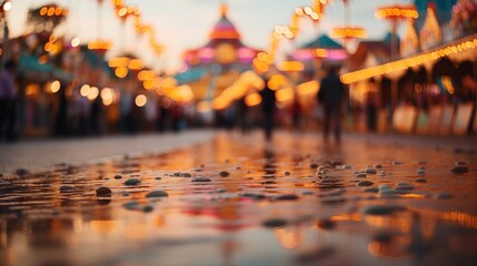 Softly blurred scene of amusement park fun, featuring bright rides and festive attractions for an atmospheric feel.