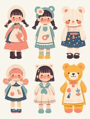 Pastel Flat Style Cartoon Animal Doll Stickers: Simple and Cute Designs