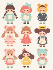 Pastel Flat Style Cartoon Animal Doll Stickers: Simple and Cute Designs