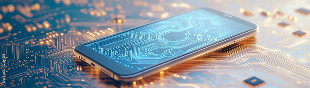 Poster a smartphone rests on a detailed circuit board, symbolizing the fusion of mobile technology with adv