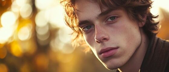 Fototapeta premium Thoughtful Young Man with Flowy Hair in Autumn Sunset - Captivating Portrait for Lifestyle and Mood Photography