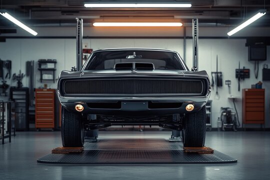 Fototapeta A sleek, dark-colored classic muscle car sits on a lift in a garage.