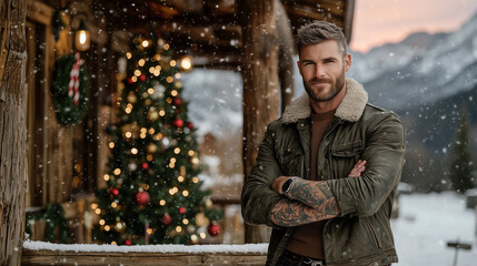 Mountain Man in Leather Jacket by Festive Cabin in Snowy Landscape