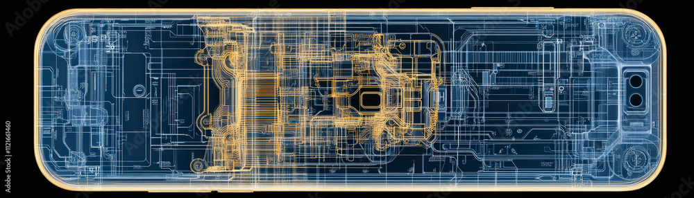 Poster x-ray view of a smartphone reveals intricate internal components and circuitry, showcasing the compl