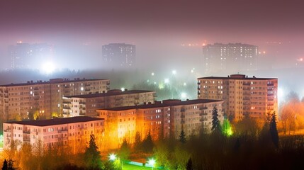 Fototapeta premium A foggy urban landscape at night with illuminated buildings and soft lighting.