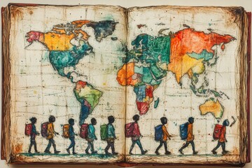 Students walking across a colorful world map educational book illustration global awareness creative setting artistic viewpoint