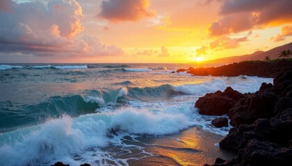Fototapeta premium Serene Sunset Over Ocean Waves with Colorful Sky and Rocks
