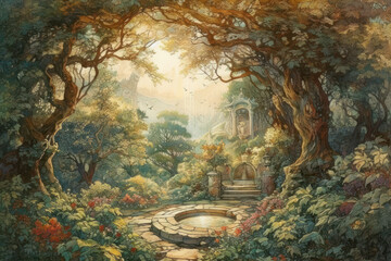 a magical forest garden with stone paths and decorative elements.  